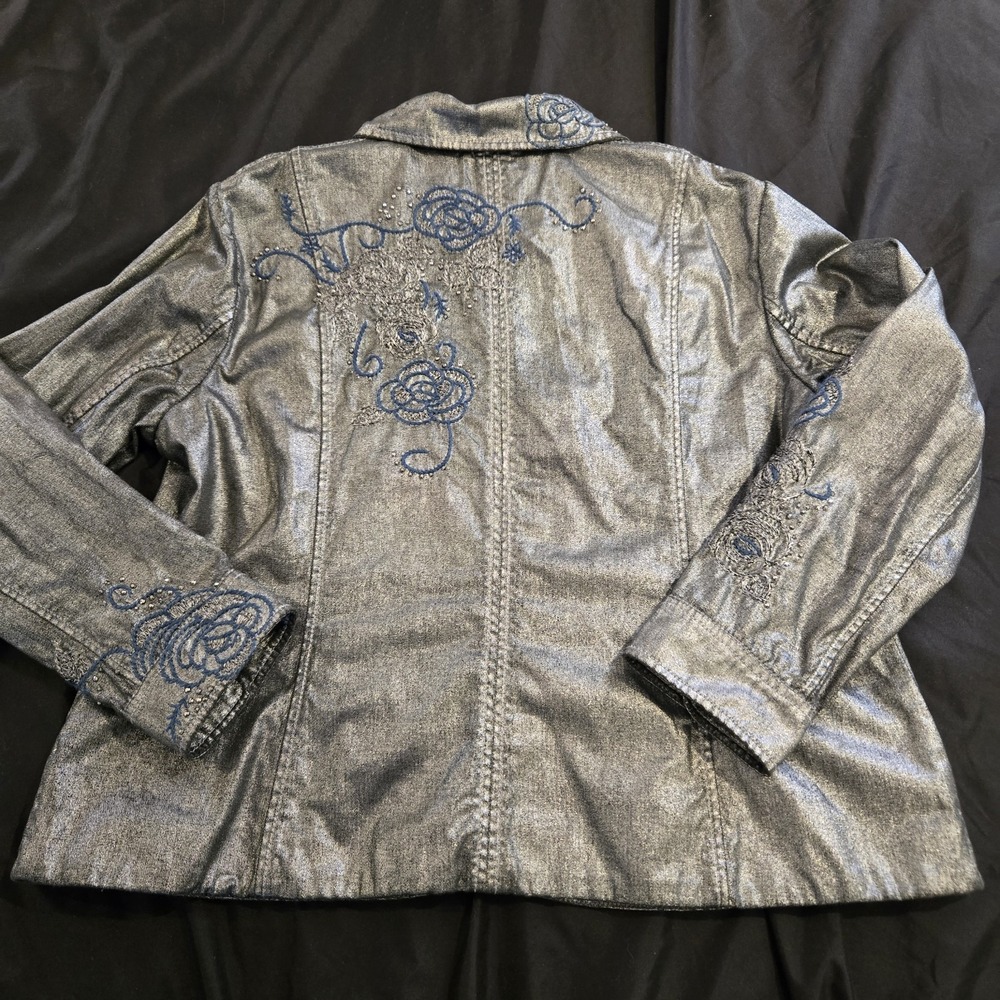 Chico's Platinum Women's Snap Down Silver Metallic Denim Jacket US Size XL